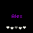 Purple text 'Alex' above two of white and gray plus signs on a black background