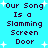 Pixelated text on cyan background with white starbursts, repeating 'Our Song Is a Slamming Screen Door' in dark purple letters.