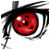 Six of a red eye with black pupils and three tomoe symbols, surrounded by white sclera and black eyelashes on a white background