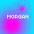 Pixelated text 'MORGAN' in white on a blue-to-pink gradient background with shifting pink circular patterns.