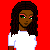 Pixelated cartoon figure with dark skin and long curly hair in white crop top and orange-yellow skirt, shown in multiple poses against red background with yellow text.