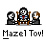 Pixel art animation contact sheet showing six frames of a character in a chair being pushed by two figures with text "Mazel Tov!" below each frame.