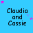 Blue background with repeated text "Claudia and Cassie" in black pixelated font, surrounded by pink and purple star shapes.