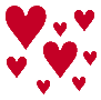 Static pixel art of four heart color groups—red, purple, cyan, gold—arranged in a on gray background with varying heart sizes