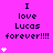 Pixelated text on bright pink background with white heart symbols, repeating 'I love Lucas forever!!!' in multiple and