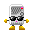 Pixel art character with gray keyboard-like body, black sunglasses, yellow hands and feet, pink mouth, red eye dot; two versions show a pink musical note above the head.