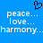 Blue background with black pixelated heart symbol above white text reading peace... love... harmony... in two identical