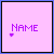 20 pink square with purple text 'NAME' and small heart symbols in various positions, some showing pixelated distortion