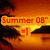 A split-screen animated icon with a sunset beach on the left and a tropical pool scene on the right, featuring pixelated text overlays.