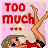 A 4-frame animated contact sheet showing a cartoon woman in red clothing with legs raised, transitioning from "TOO much ..." text to "BUBBLY!" on a pink background.