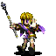 Pixelated character with blonde hair and purple scarf holding staff, standing in two poses against gray background.