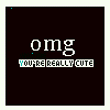 A dark square icon with 'omg' in white text above 'YOU'RE REALLY CUTE' in white text with colored accents, showing animation changes in text color and underline.