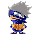 Pixelated character with spiky gray hair, blue headband, and orange vest stands against gray background, showing two poses with slight body rotation.