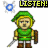 Pixel art character in green tunic and hat with sword, shield, and brown boots; four identical poses arranged in a with text above top-left and bottom-left