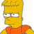 Pixelated cartoon character with yellow skin, orange shirt, and spiky brown hair, facing left with a neutral expression.