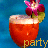A pixelated red drink with white foam, garnished with a purple flower and green leaf against a blue background. The word 'party' appears in yellow text at the bottom.