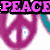 Four distinct animated buddy icons display peace symbols, hearts, smiley faces, and text overlays in vibrant pink, teal, purple, and blue hues.