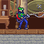 Pixel art character in blue overalls and green shirt stands on wooden floor holding white object, with bookshelf and column background.