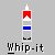 Pixel art displays a vertical tube with red, white, blue segments alongside text variations and two identical figures holding objects.