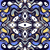 Pixelated symmetrical pattern with central eye-like shape surrounded by repeating geometric forms in blue, yellow, gray, and white.