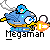 Pixel art of a blue character riding a blue and yellow aircraft with white smoke trails, labeled 'Megaman' below, showing three sequential animation frames.