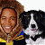 A pixelated contact sheet showing two frames of an animated buddy icon featuring a person with curly hair, a black-and-white dog, and the text "SNOW DOGS" in blue and white block letters.