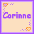 Pixelated graphic with 'Corinne' text, orange and purple hearts, and dotted lines on a beige background with purple border.