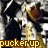 A pixelated image of a person in motion with repeated text overlays reading 'pucker up' across four quadrants.