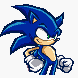 Blue anthropomorphic hedgehog with spiky quills, white gloves, and green eyes in pixel art style.