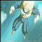 Animated sequence of a character with spiky blonde hair in blue martial arts uniform performing dynamic poses against light blue background.
