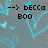 Pixelated static image with cyan and gray background, black text reading "---> BECCO" above "B00", arrow pointing right.