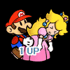 Mario in red cap and blue overalls carries Princess Peach in pink dress with crown, both rendered in pixel art style against black background.