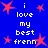 Blue background with red star shapes and white pixelated text reading "i love my best frenn" arranged in a pattern