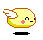 Two static frames of a pixel art character with yellow body, brown outline, white wings, pink cheeks, and black eyes/mouth on gray background.