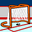 Pixelated static image of a hockey goal net with orange frame, white mesh, and black puck on light blue ice surface against red-and-gray striped background.