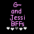Pixelated pink text reads 'G and Jessi BFFs' above five white plus signs with one gray, on black background.