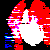 Pixelated image with red and white abstract shapes on left, pink-haired figure on right against dark background.