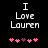 Pixelated text "I Love Lauren" above five pink and purple heart icons on a black background, with animation changing the middle heart's color.