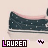 nine identical pixelated images showing a dark shoe with white dots and pink trim, each labeled 'LAUREN' in purple text below