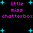 Black background with cyan star shapes and pink text reading 'little miss chatterbox' repeated in two