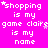 Pixelated text on bright pink background with white stars, repeating 'shopping is my game claire is my name' in