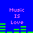 Blue background with pink text 'Music IS Love' and green audio equalizer bars in two distinct configurations.