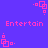 Pixelated pink text and geometric shapes on a solid purple background, with repeated patterns of squares and dots arranged in a -like layout