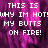 Pixelated text reads 'THIS IS WHY IM HOT! MY BUTTS ON FIRE!' over a purple and pink abstract background with a gray rectangle on the right.
