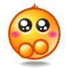 Animated orange circular character with large black eyes, pink cheeks, and three rounded lower features on a gray background.