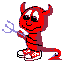 Pixelated devil character with horns, smiling face, and forked tail holding a pitchfork in various color variations