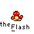 Pixelated red character with yellow accents and white eyes, wearing a yellow and white outfit, positioned above text reading 'the Flash' on a gray background.