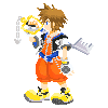 Pixel art character in orange shorts and yellow shoes holding a key-shaped object and a silver keyblade, standing against gray background.