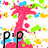 Pixelated static image with pink central figure, blue and green accents, yellow shapes scattered across white background, black 'PP' text at bottom left.