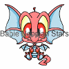 A pink cartoon dragon with blue wings and yellow eye highlights, shown in five sequential poses on a white background.